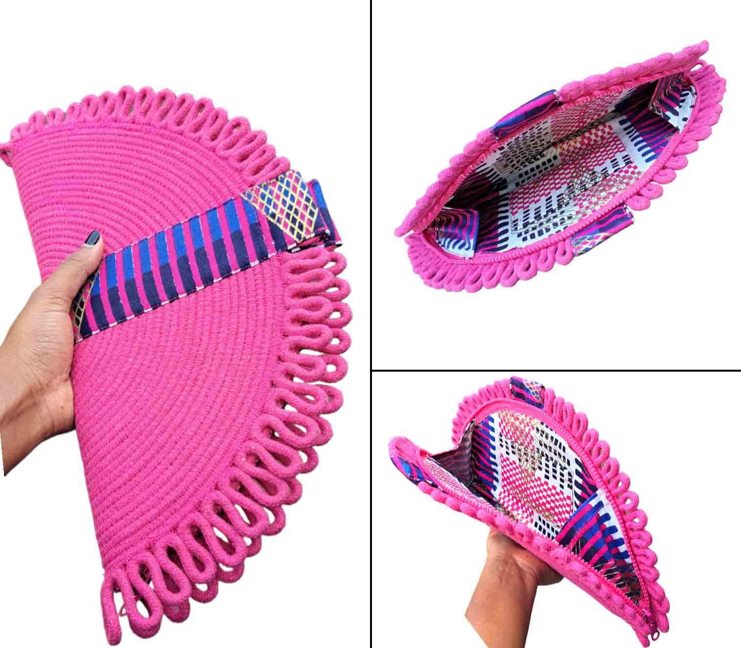 Pink Handmade Cotton Rope Clutch Bag For Ladies