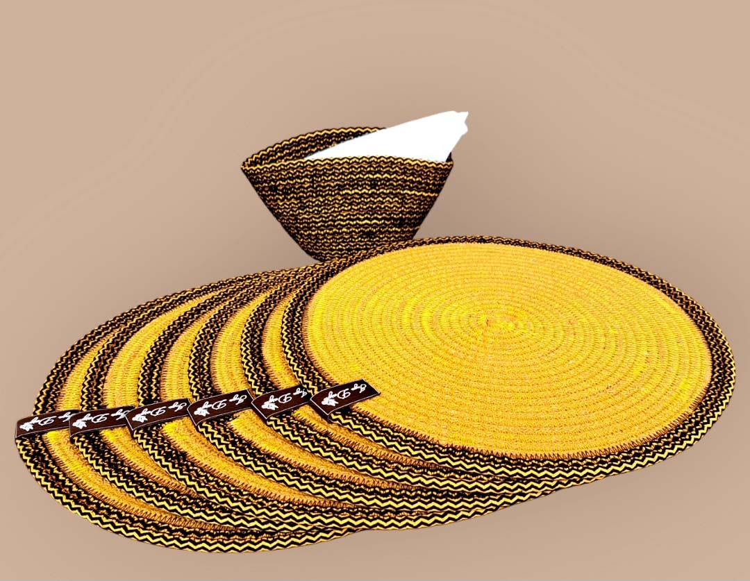 Set Of 6 Yellow Round Cotton Rope Placemats