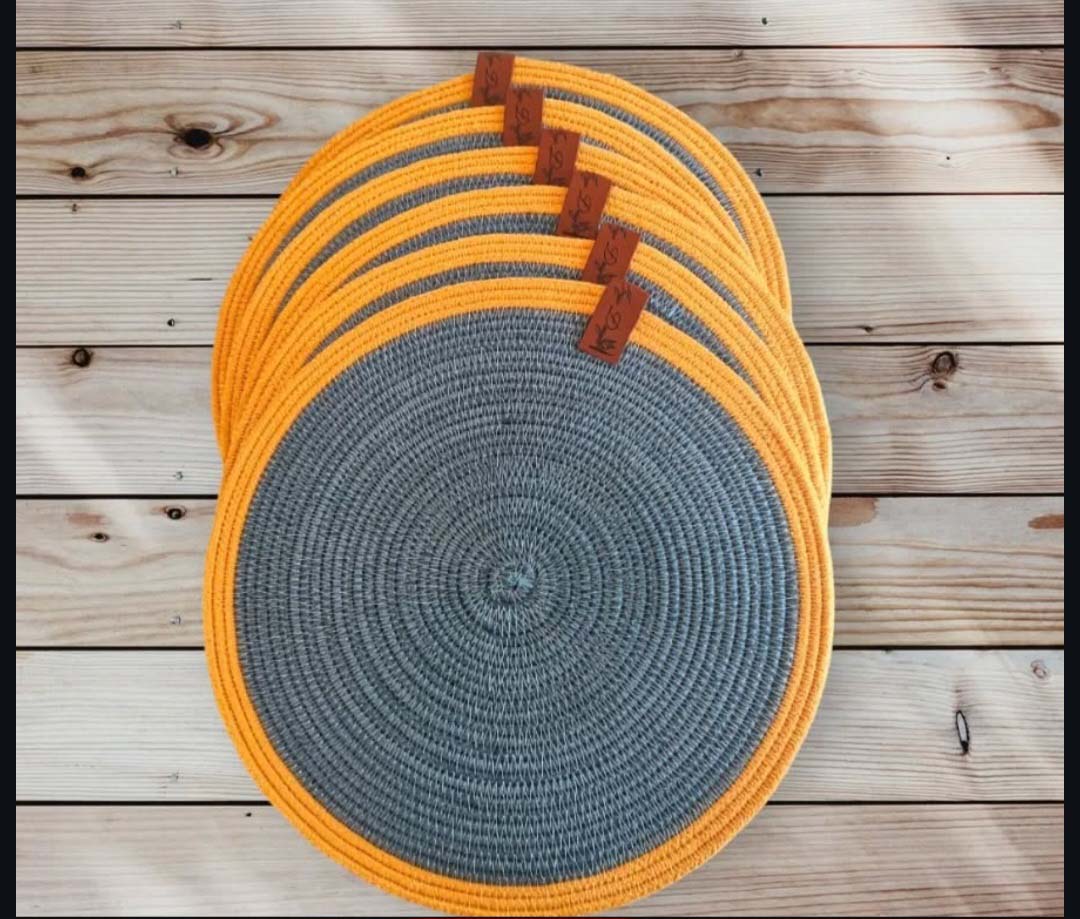 Circular Yellow-Grey Rope Tablemats- Set Of 6