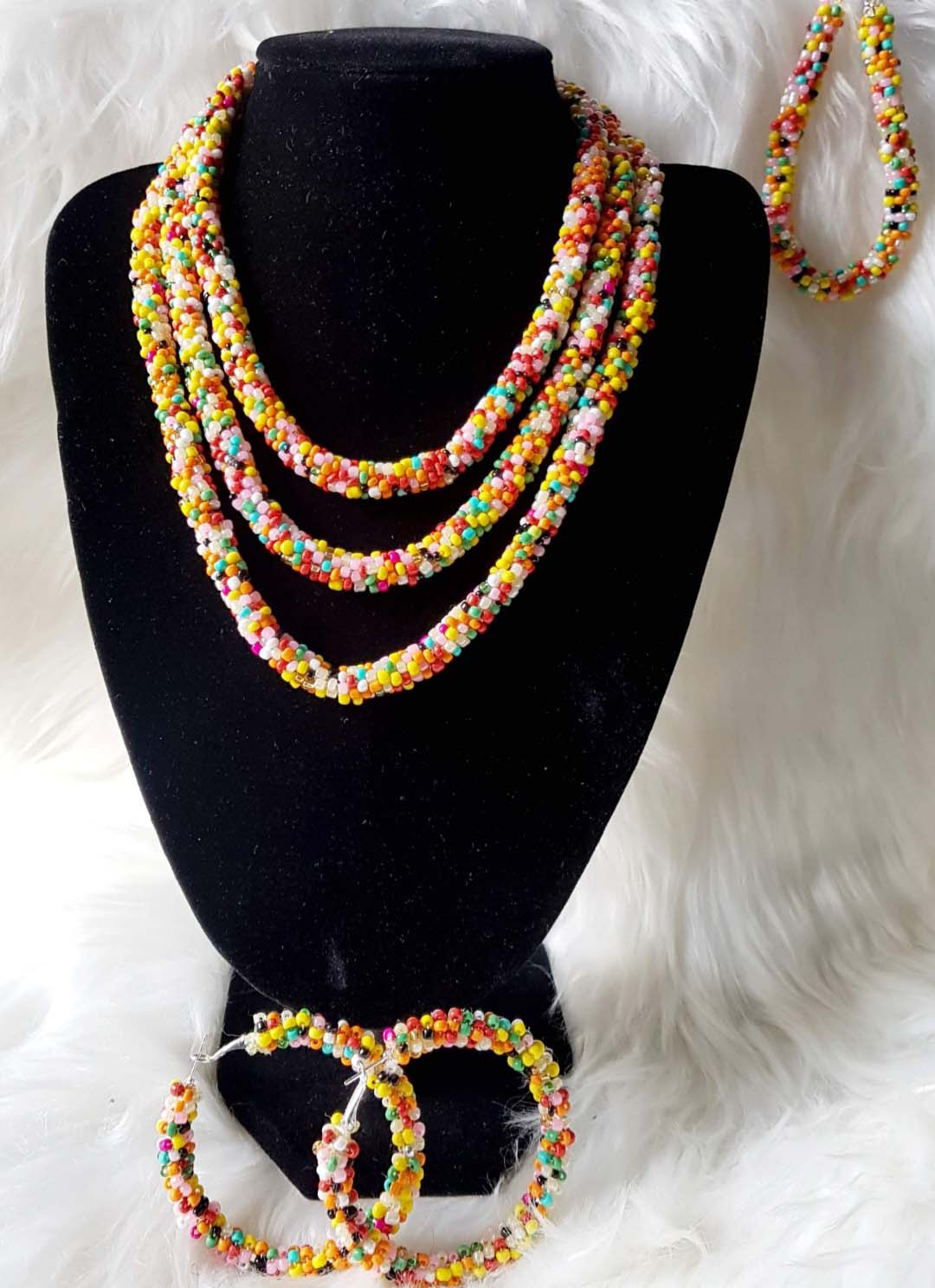 Multi-Coloured Crochet Necklace & Earrings